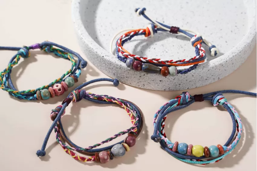 Ceramic Beads Bracelet With Multi-Layered Blue Thread