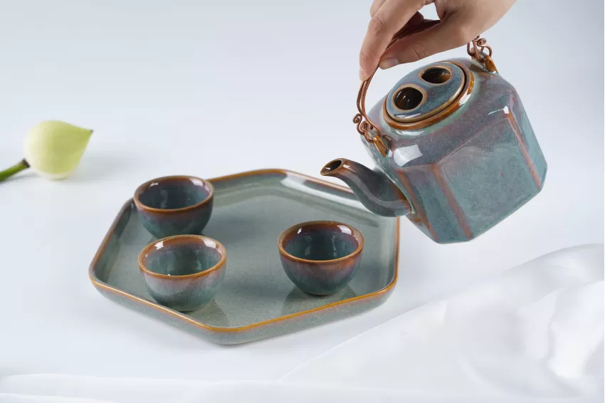 Ceramic Octagonal Teapot Set, Wattle Green Collection