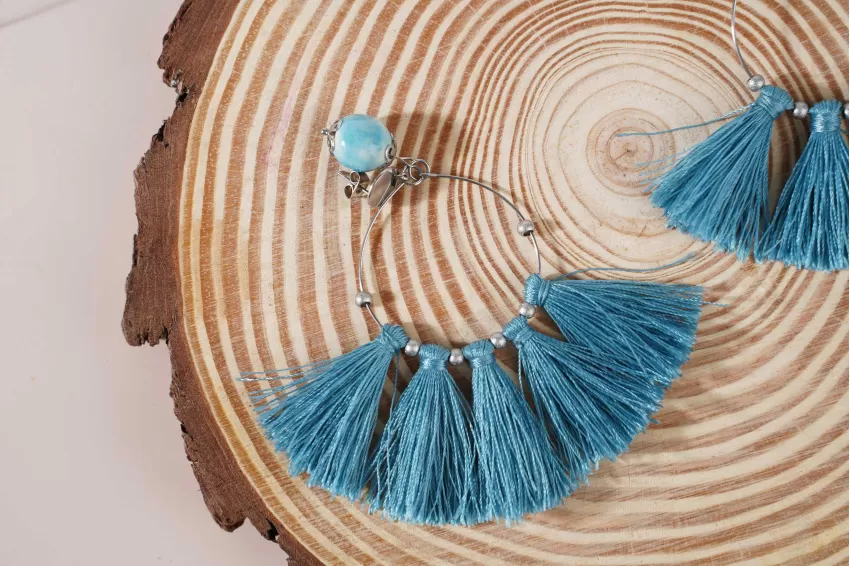 Round Tassel Earrings, Large Round Design, Cool Turquoise Color, Handmade Fashion Accessory, Captivating