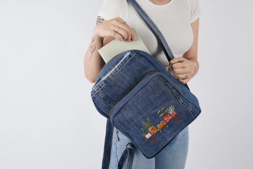 Flower Pot Embroidery Denim Backpack From Old Jeans