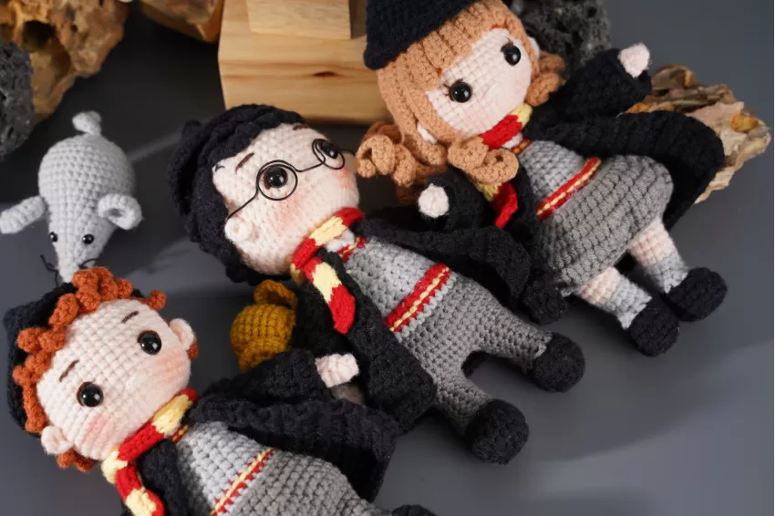 Set 3 Búp Bê Len Móc, Harry Potter, Ron Weasley & Scabbers và Hermione Granger