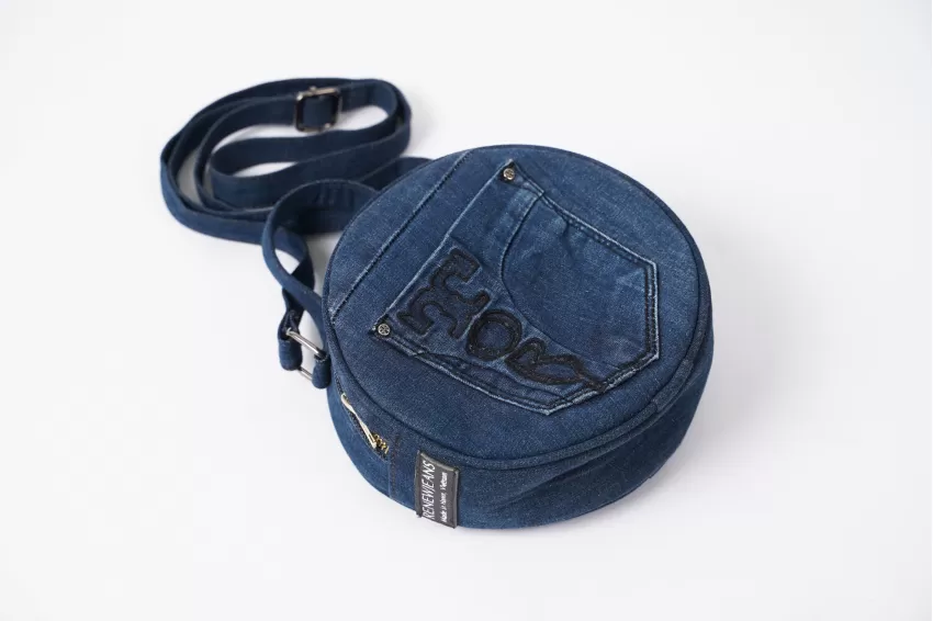 Letters Embroidery Dark Blue Round Denim Bag From Old Jeans