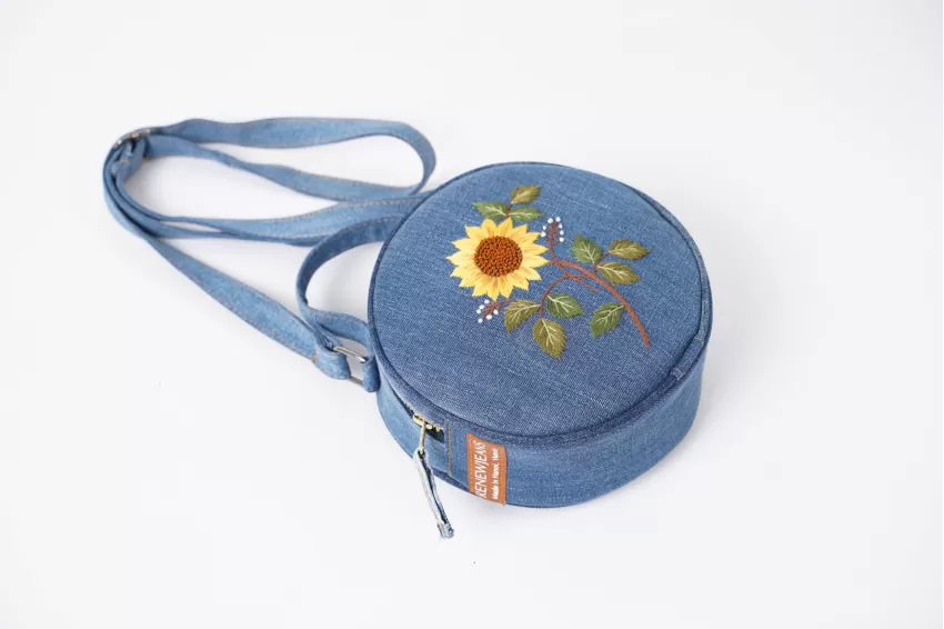 Sunflower Embroidery Round Denim Bag From Old Jeans