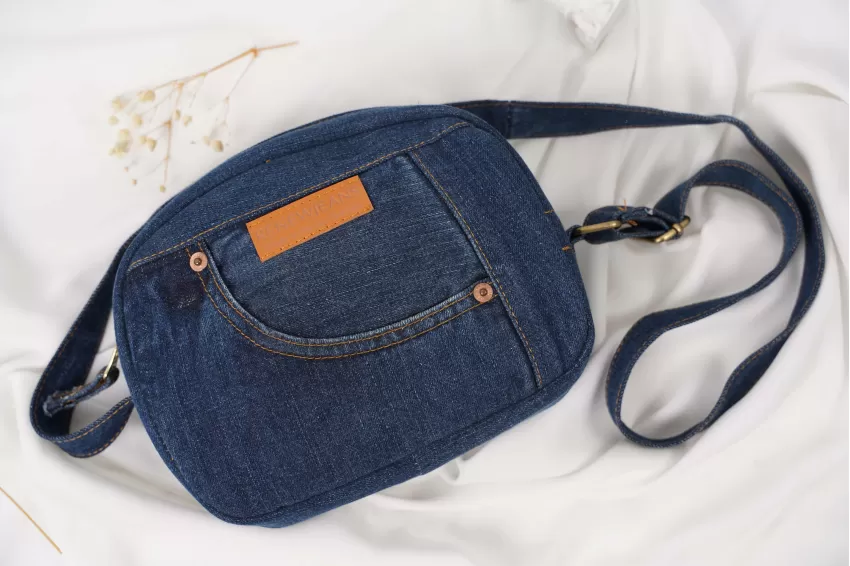 Dark Blue Denim Box Bag From Old Jeans, Minimalist Style, Bold Blackish Blue Color Tone, Suitable For Various Styles