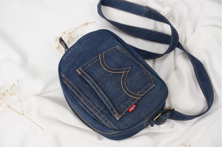 Dark Blue Denim Box Bag From Old Jeans, Minimalist Style, Bold Blackish Blue Color Tone, Suitable For Various Styles