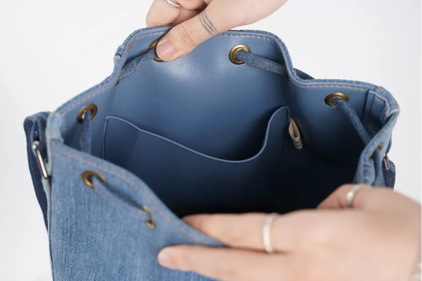 Sunflower Embroidery Denim Bucket Bag From Old Jeans, Size 21, Leather Lining Inside, Playful And Youthful Style, High Craftsmanship