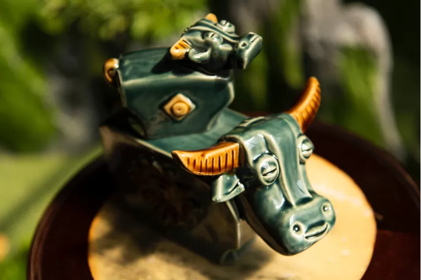 Turquoise Ceramic Buffalo Figurine, Mother and Baby Buffalo Collection, Vietnamese Ceramic, Handcrafted Ceramic, Space Decoration, Feng Shui Gift