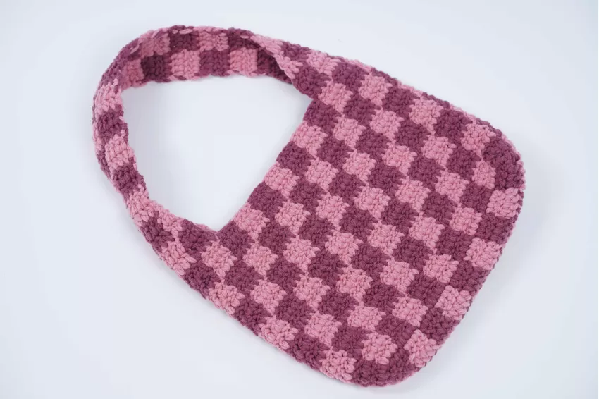 Pink Purple Checkered Cotton Yarn Tote Bag