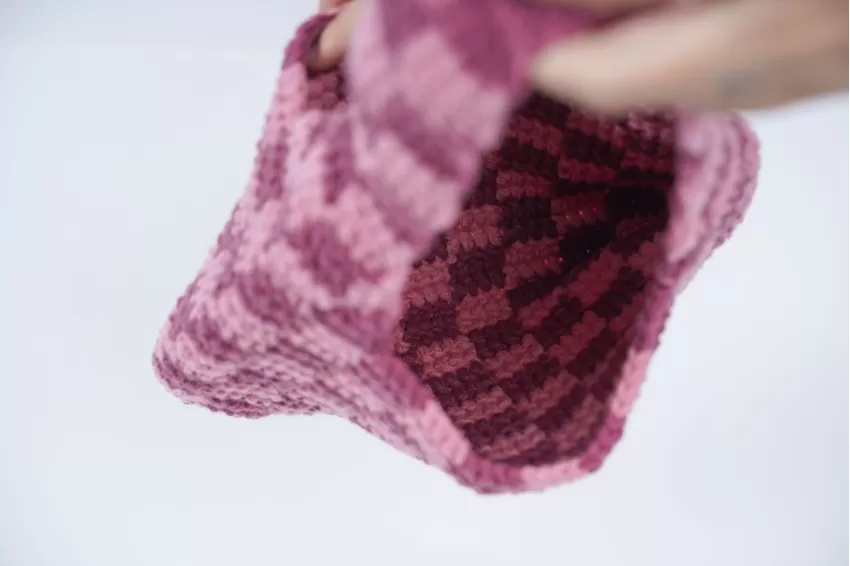 Pink Purple Checkered Cotton Yarn Tote Bag