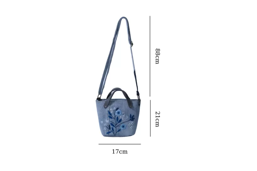 Floral Embroidery Denim Bucket Bag From Recycled Jeans, Size 21, Floral Embroidery Pattern, Youthful And Feminine Style, Subtle Colors