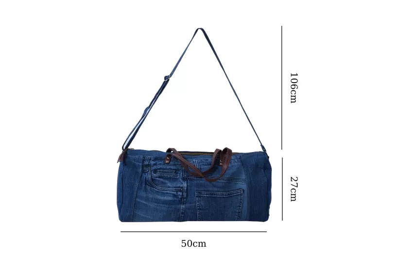 Traveling Denim Drum Bag From Recycled Jeans, Size 50, Impressive Design, Spacious Bag Shape, Can Hold Many Items, Suitable For Long Trips