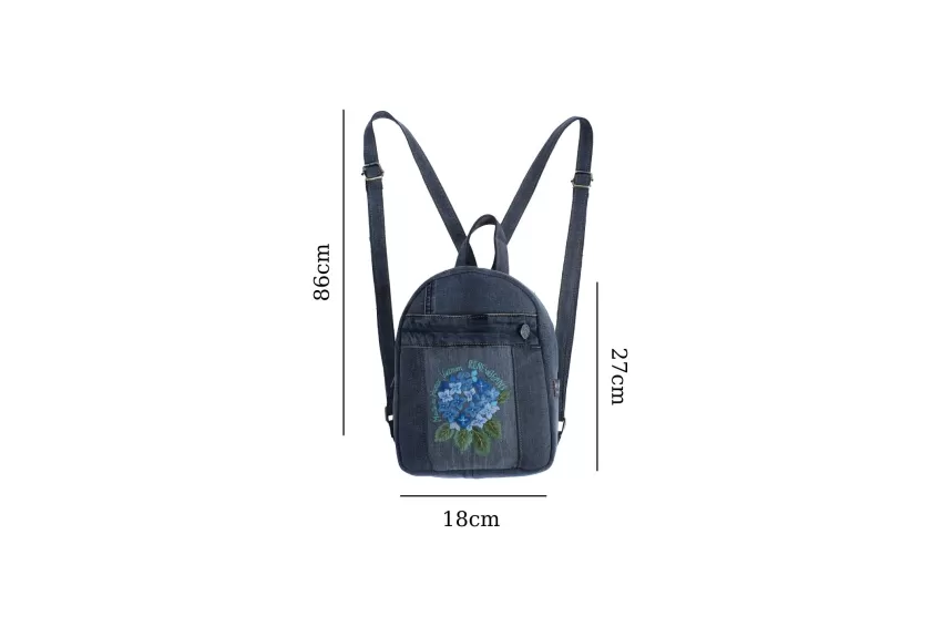 Floral Embroidery Denim Backpack From Recycled Jeans, Size 20, Modern Black-Gray Color, Compact Size, Highly Versatile