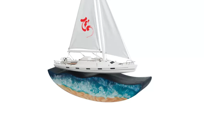 Lucky Mini Yacht With Sail L600.T5 On Curved Epoxy Resin Waves