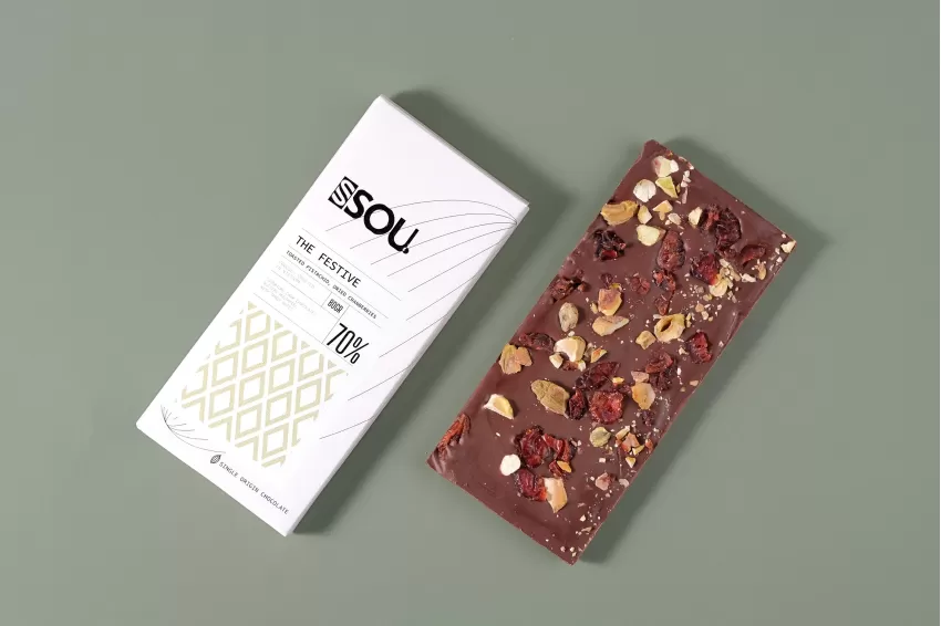 The Festive, 70% Dark Chocolate With Pistachios And Cranberries