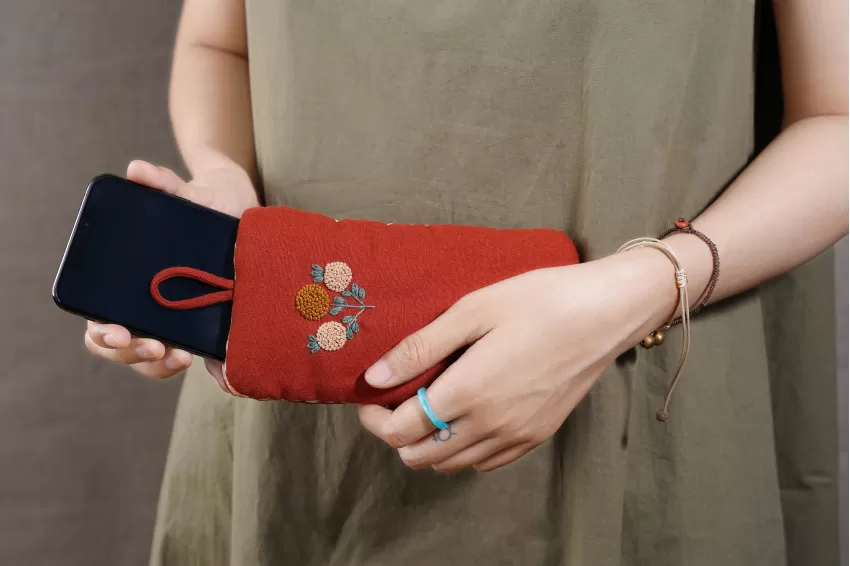 Embroidered Linen Phone Pouch, Designed With Soft Cotton Lining, Phone Protection Accessory, Intricately Embroidered Patterns