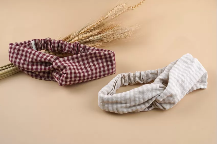 Checkered Linen Headband, Designed With Two Crossed Bands To Create A Cute Bow, Elastic Band At The Back, Youthful And Feminine Style