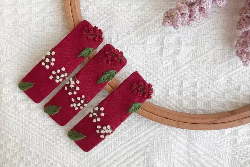 Embroidered Linen Hair Clip In Warm Color, Smooth Linen Fabric, Lovely Small Embroidered Details, Unique Accent For Hair