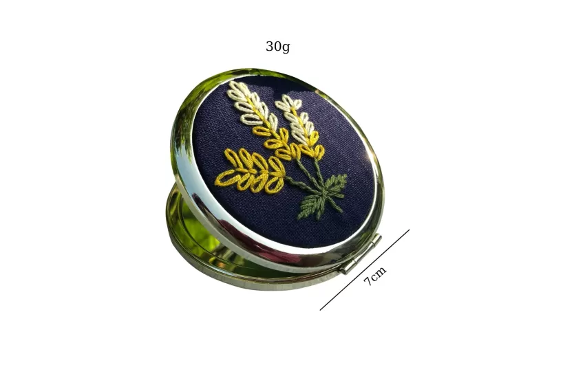 Dark Blue Embroidered Linen Hand Mirror, Handheld Mirror, Compact Round Mirror, Super Convenient Mini Mirror, Elegant Style