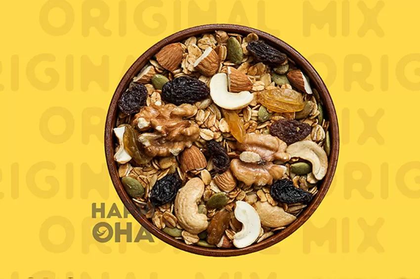 Granola Original Mix Happi Oha, Vị Quế, Ngọt Tự Nhiên, Granola Dinh Dưỡng Mix Hạt, Ngũ Cốc Ăn Kiêng, Đồ Ăn Vặt Giữ Dáng