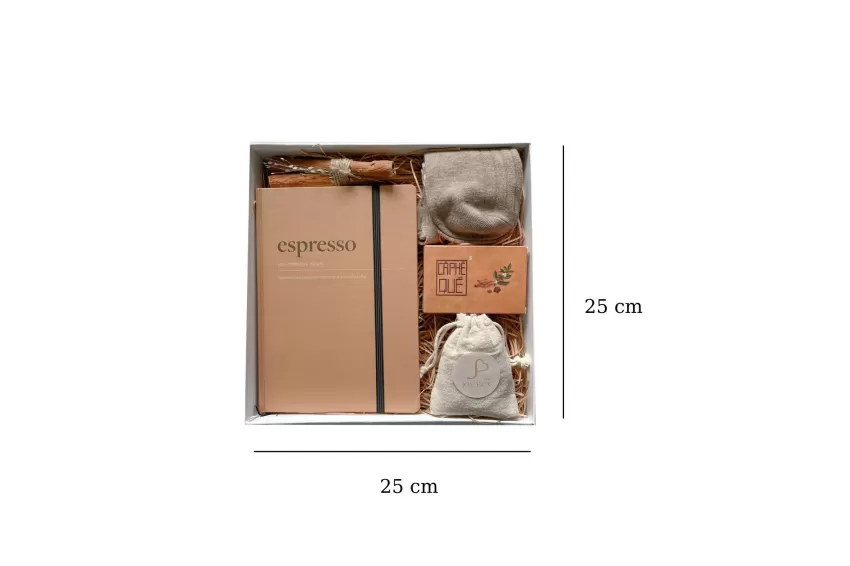 Espres-Sinnamon Gift Set, Relaxation Gift Box, Aromatic Coffee Beans, Gourmet Cinnamon Stick, Luxurious Scented Soap Bar, Cozy Thick Socks, Elegant Hard Cover Notebook, Gift Ideal For Any Occasion