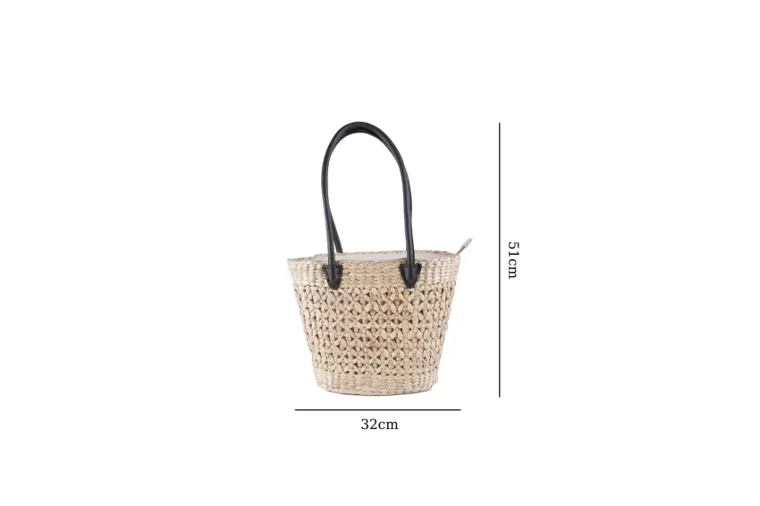 Water Hyacinth Bag With Flower Patterns And Leather Strap, Strong and Sturdy Material, Spacious Compartment, Inner Lining, Delicate Design