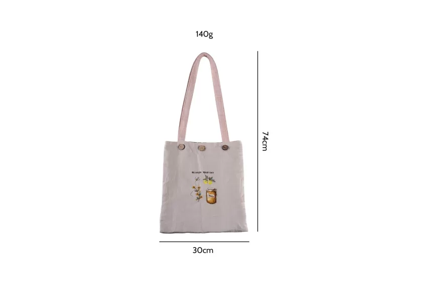 Refresh Your Day' Embroidered Linen Tote Bag, Diligent Bee Pattern, Minimalist Design, Meticulously Hand-Embroidered, Linen Material