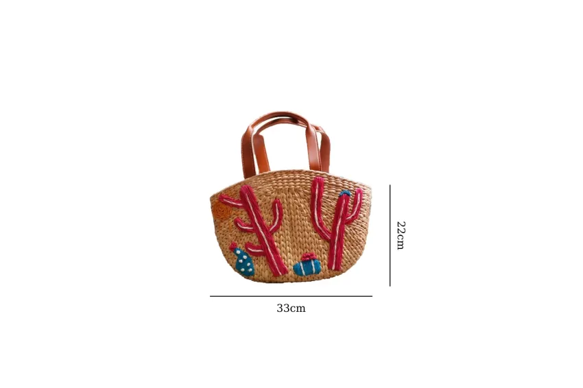 CACTUS Water Hyacinth Bag, Striking Cactus Pattern, Sophisticated Brown Leather Handles, Exquisite Stitching, Prominent Accent