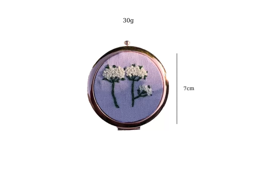 Purple Embroidered Linen Hand Mirror, Mini Handheld Mirror, Hand-Embroidered Mirror, Classic Round Shape, Dreamy Purple Linen Fabric