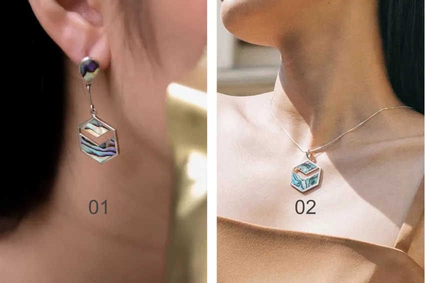 Drop Of Heaven Earrings & Heaven Necklace, Impressive Hexagonal Shape, Unique Design, Sparkling Abalone Shell Material