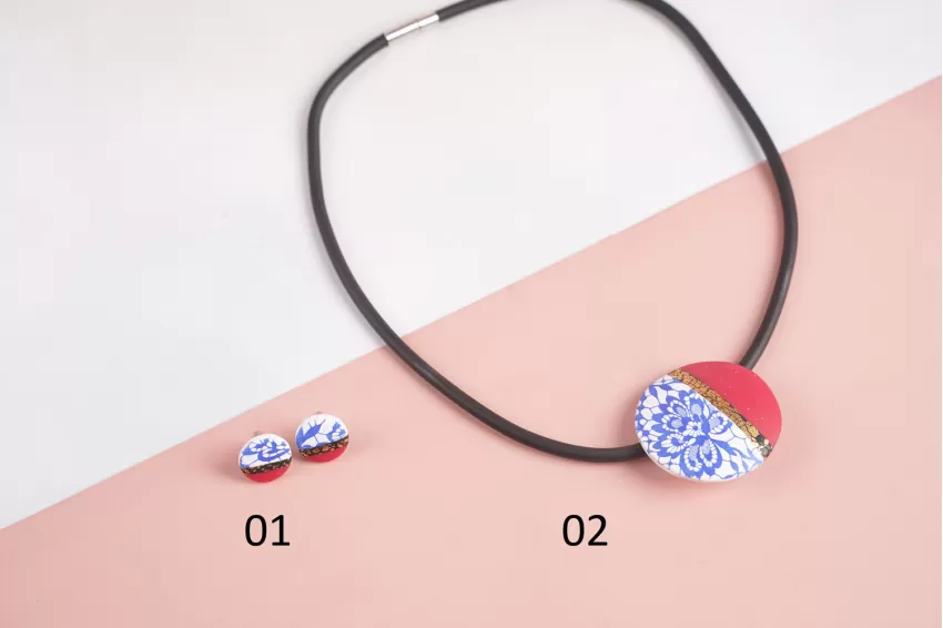 Red & Blue Clay Necklace & Earrings, Small Round Shapes, Clay Material, High Durability, Traditional And Classic Style