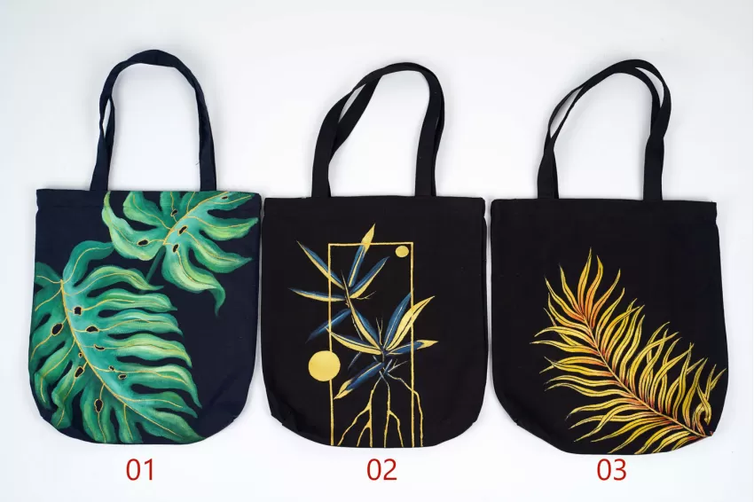 Hand-drawn Tote Bags, Golden Leaves Collection