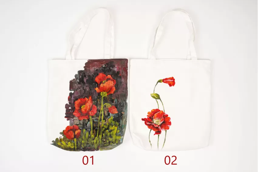 Túi Tote Vẽ Tay Hoa Poppy Đỏ, Túi Tote Handmade, Chất Liệu Sợi Cotton Tổng Hợp, Họa Tiết Vẽ Tay Bền Đẹp Không Sợ Phai