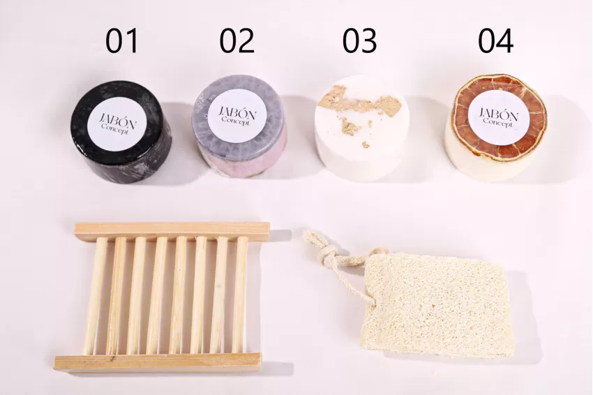 Set Natural Handmade Soap With Loofah Sponge Or Wood Tray