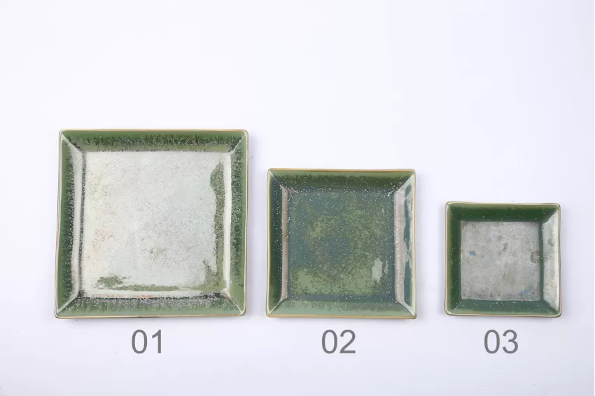 Set Of 3 Square Crystal Green Plates, Vietnamese Handcrafted Ceramic, Vietnamese Elements, Glossy Finish, Fire Glaze Ceramic, Luxurious Space