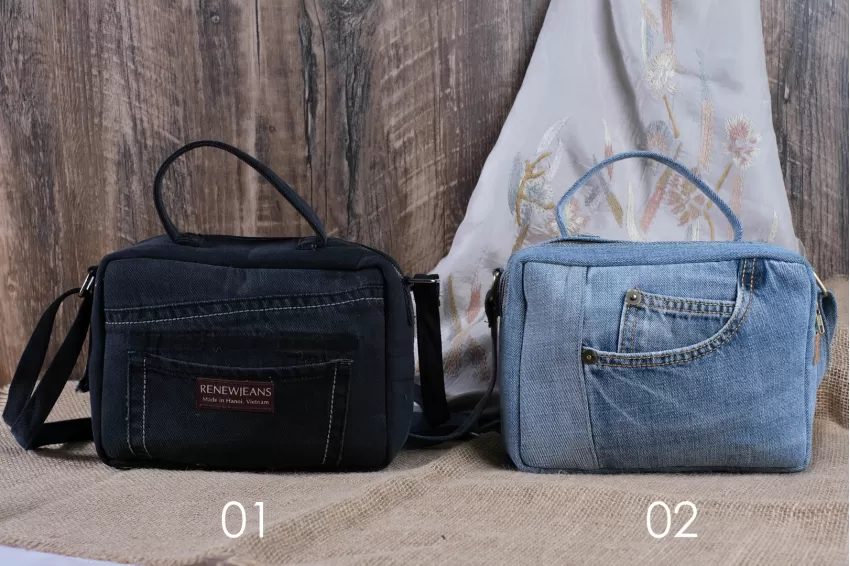 Denim Box Bag With Strap From Recycled Jeans, Size 20