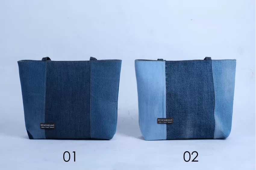 Large Tricolor Denim Tote Bag From Recycled Jeans