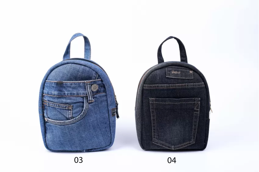 Backpack From Old Jeans, Leather Lining, Youthful Design, Vibrant Colors, Compact Shape, Suitable For Outings Or Strolling