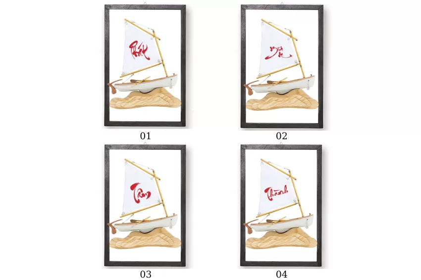 Set Of 3 Models C250.P7, Calligraphy Printed Sail, Lucky Boat Model Wall Frame