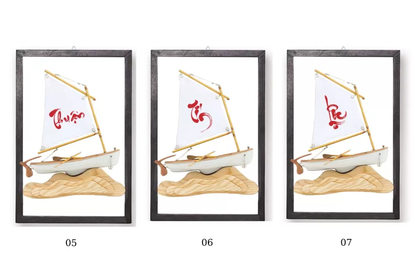 Set Of 3 Models C250.P7, Calligraphy Printed Sail, Lucky Boat Model Wall Frame