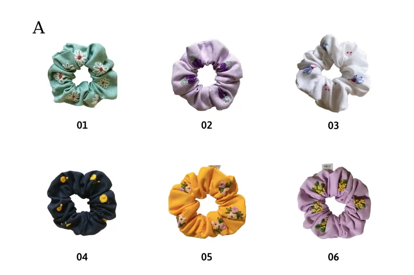 Embroidered Linen Scrunchies, Cool Color, Fabric Hair Ties, Charming Wrist Accessories, Light And Feminine Style