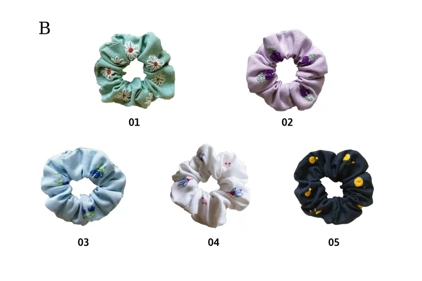 Embroidered Linen Scrunchies, Cool Color, Fabric Hair Ties, Charming Wrist Accessories, Light And Feminine Style