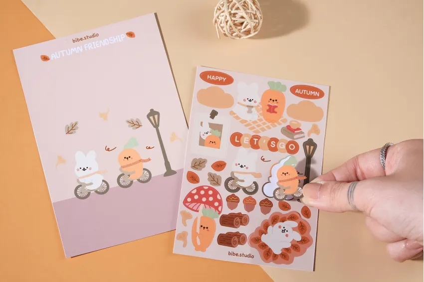 Sticker Tình Bạn Mùa Thu, Tông Màu Vàng Ấm, Sticker Trang Trí Sổ Tay, Điện Thoại, Họa Tiết Một Đôi Bạn Thân Đáng Yêu, Đa Dạng Ứng Dụng