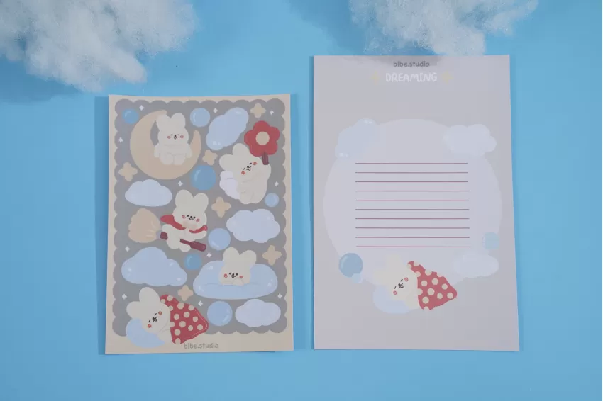 Dreaming Sticker Sheet, Illustrations Of Bunny And Clouds, Phone And Laptop Decoration Sticker, Dreamy Style, Unique Highlight