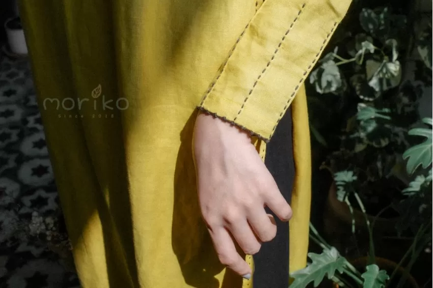 Yellow Round Neck Ao Dai With Sashiko Stitches, With Black Pants