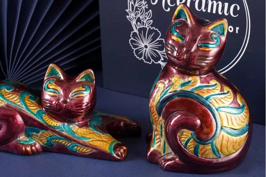 Lacquered Cat Ceramic Figurine With Flower Carvings