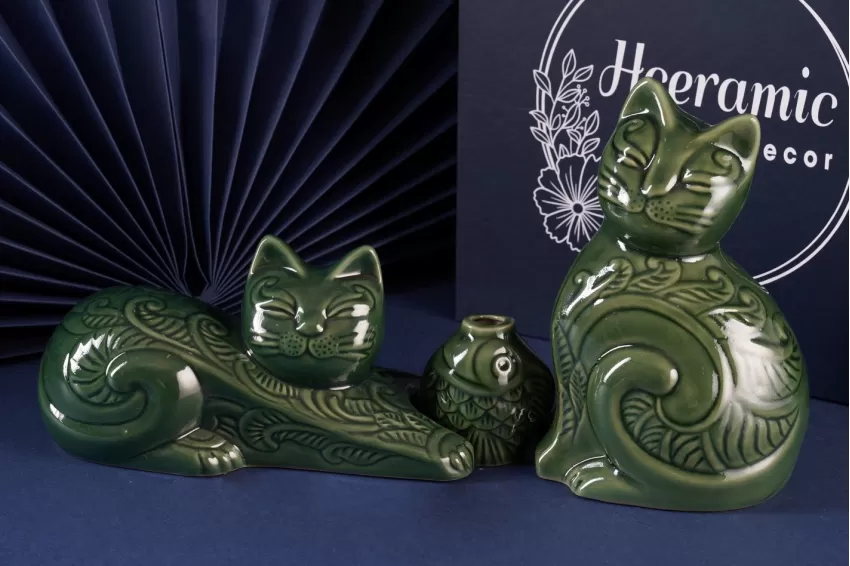 Glazed Cat Ceramic Figurine With Flower Carvings