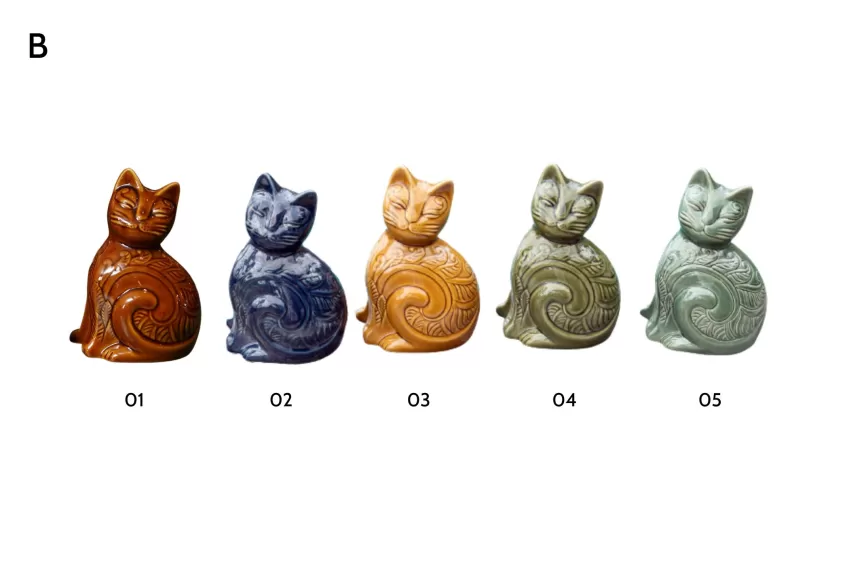 Glazed Cat Ceramic Figurine With Flower Carvings