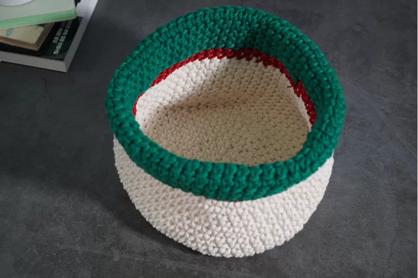 White With Red And Green Border Crochet Cotton Basket, Meticulous Hook Button, Characteristic Colors Of Festival, Room Decor Accessory