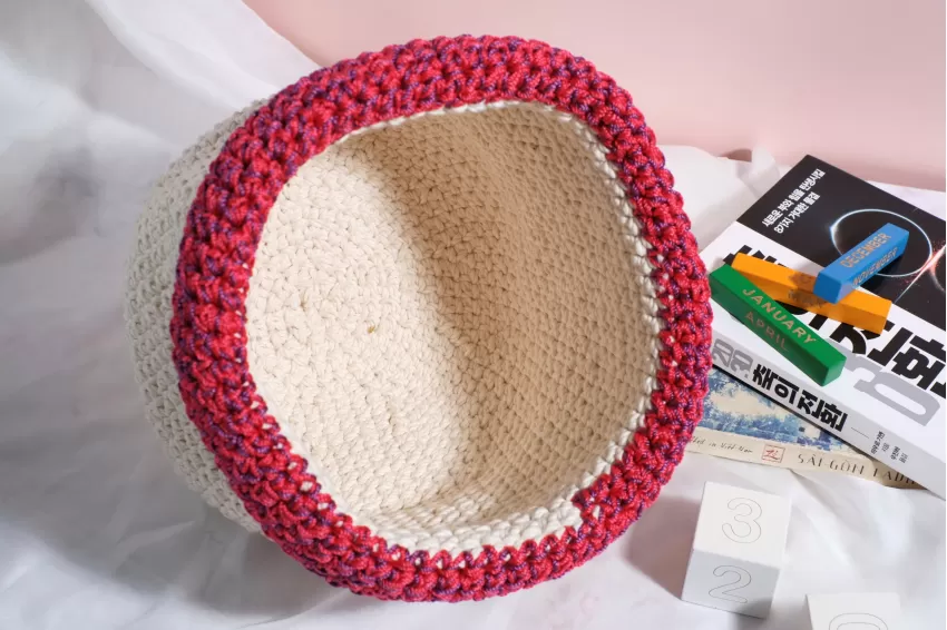 White With Red And Purple Border Crochet Cotton Basket, Subtle Contrasting Colors, Elegant Style, Adds Focal Point To Room Corner