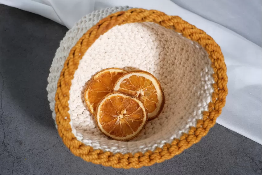 White With Yellow Border Crochet Cotton Basket, Warm And Cozy Color Scheme, Decorative Basket For Home Decor, Basic Design